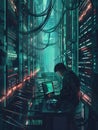 A skilled hacker analyzes data on a laptop, surrounded by glowing server racks, in a dark and atmospheric server room