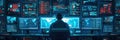 A skilled hacker analyzes data on multiple glowing screens in a darkened room, focusing on cyber activities and network