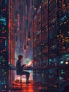 A skilled hacker focuses intently on a glowing screen, surrounded by multiple server racks in a dimly lit, high-tech