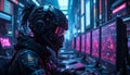 Futuristic hacker working in a high-tech control room during a neon-lit night. Generative AI
