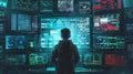 A skilled hacker stands in front of several glowing screens, immersed in complex data analysis, deep in concentration in