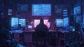A skilled hacker works intently at a desk, analyzing data streams on several glowing screens in a darkened room