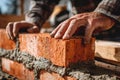 Skilled hands carefully placing a brick on fresh mortar during construction work showcasing craftsmanship and precision in Royalty Free Stock Photo