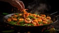 Skilled hands of a chef meticulously arrange fresh shrimps and spring beans in a sizzling pan, AI generated