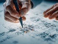 Skilled hands drawing detailed technical plans on blueprint paper with precision using a pen in a professional architectural or Royalty Free Stock Photo