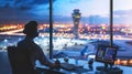 A skilled male air traffic controller managing flights in a control tower.