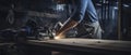 Man Working on Wood With Grinder, Carpentry Craftsmanship in Action