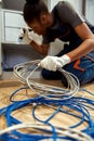 Skilled network technician providing internet access at home