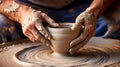 Skilled potter expertly crafting matching ceramics on a pottery wheel in a charming workshop studio