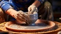 Skilled potter expertly creating matching ceramics on a pottery wheel at a vibrant workshop studio