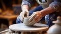 Skilled potter meticulously creating beautiful matching ceramics on wheel in vibrant studio