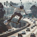 Skilled skateboarder performs a trick on a bag amidst a bustling highway scene