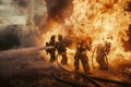 Skilled team of firefighters working together to effectively extinguish raging flames Royalty Free Stock Photo