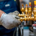 Skilled technician carefully tightening brass fittings in a workshop setting Royalty Free Stock Photo