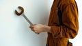Skilled technician holding a large adjustable wrench ready for repair work Royalty Free Stock Photo