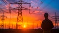 Skilled technician repairing high voltage power lines on a tall electrical tower.