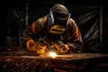 Skilled welder in protective gear focusing intently on metalwork surrounded by vivid flying sparks at the factory