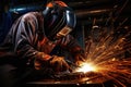 A skilled welder in protective gear using an arc welding machine to work on a piece of metal, Welder in welding helmet working on