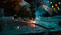 Skilled welder s hand holding electric torch amidst flying sparks metal bending precision focus