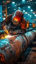 Skilled Welder Working on Industrial Steel Pipe in Factory