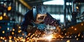 Skilled Welder works in a fabrication shop welding metal work - They are wearing protective Fire resistant clothing