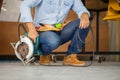 Skilled woodworker working in carpentry shop, Male carpenter with circular saw at carpentry workshop Royalty Free Stock Photo