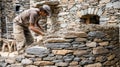 Skilled worker applying mortar to restore a stone wall on a historic site highlighting precise stonemasonry and Royalty Free Stock Photo
