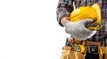 The skilled worker holding a yellow hardhat and electrical wires in safety gloves..AI generated image Royalty Free Stock Photo