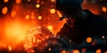 A skilled worker operates machinery, creating sparks in a vibrant, dynamic environment