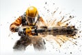 A skilled worker in protective gear, using a drill, is breaking through a wall against a white background Royalty Free Stock Photo