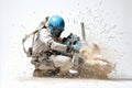 A skilled worker in protective gear, using a drill, is breaking through a wall against a white background Royalty Free Stock Photo
