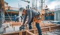 A Skilled Worker in Safety Gear Utilizing Power Tools for Building Excellence with Collaborating Teams Royalty Free Stock Photo