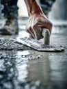 Skilled worker using a hand float to smooth freshly poured concrete floor during construction or renovation project with focused Royalty Free Stock Photo