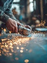 skilled worker using a power tool to grind a metal surface, creating a shower of brilliant, dynamic sparks. Themes of hard work Royalty Free Stock Photo