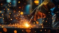 Skilled worker using welding torch in workshop, creating dynamic sparks and glowing metal in industrial setting