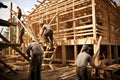 Skilled workers building wooden residences