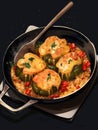 A skillet of cheesy stuffed peppers filled with a sctious meat and veggie filling.. AI generation