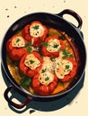 A skillet of cheesy stuffed peppers filled with a sctious meat and veggie filling.. AI generation