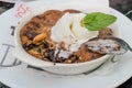 Skillet Cookie with ice cream Ready to Eat. Royalty Free Stock Photo