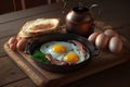 A skillet with eggs, mushrooms, bacon, and toast on a wooden table with eggs and bread on a plate next