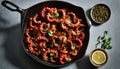 A skillet filled with seafood and vegetables, including tomatoes and green onions