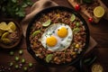 A skillet of ground beef with eggs and peppers on top. AI generation