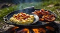 A skillet with scrambled eggs and crispy bacon cooking over an open fire outdoors Royalty Free Stock Photo