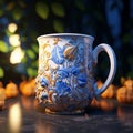 Skillful Blue Floral Mug With Pumpkin In Mythological Style