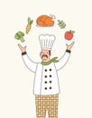 Skillful chef outline vector illustration. Professional dreamy cook in white jacket and chefs hat juggling food cartoon
