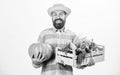 Skillful farm worker presenting his work. man with rich autumn crop. bearded mature farmer. organic natural food. happy Royalty Free Stock Photo