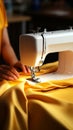 Skillful female hands work on a modern sewing machine, stitching yellow fabric