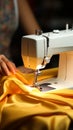 Skillful female hands work on a modern sewing machine, stitching yellow fabric