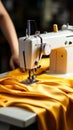 Skillful female hands work on a modern sewing machine, stitching yellow fabric