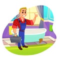 Skillful Plumber, Thumbing Up by Tub in Bathroom